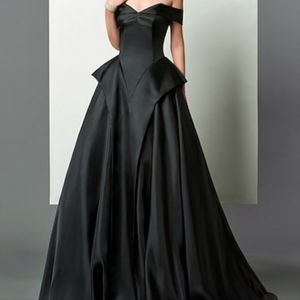 Black A-Line Ballgown Floor Length Satin with Pleats